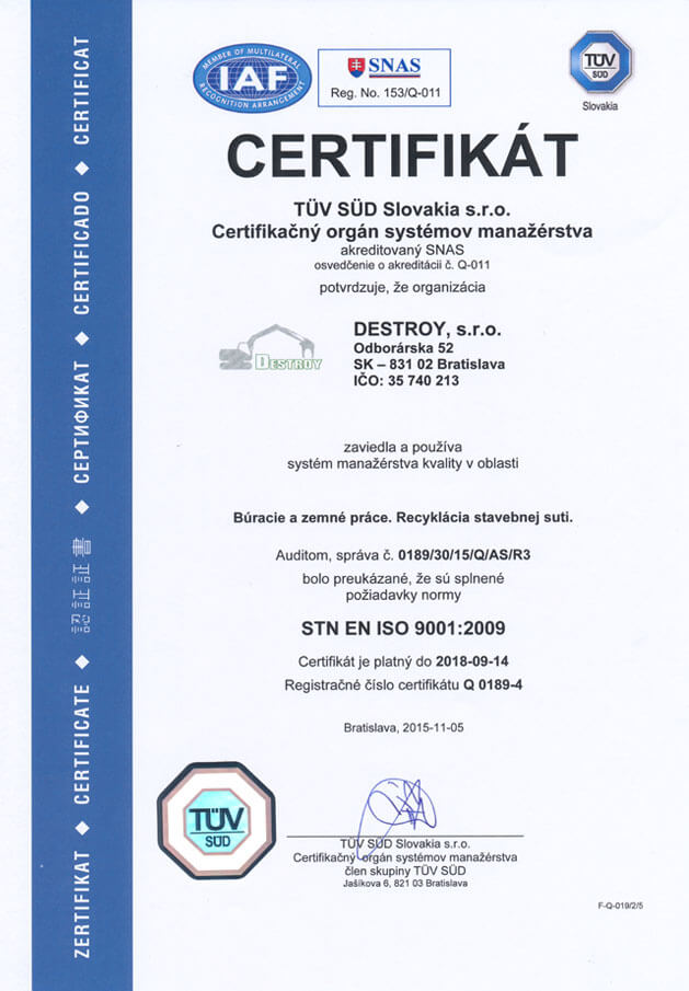 Certifikát STN EN ISO 9001:2009 – Systém manažérstva kvality