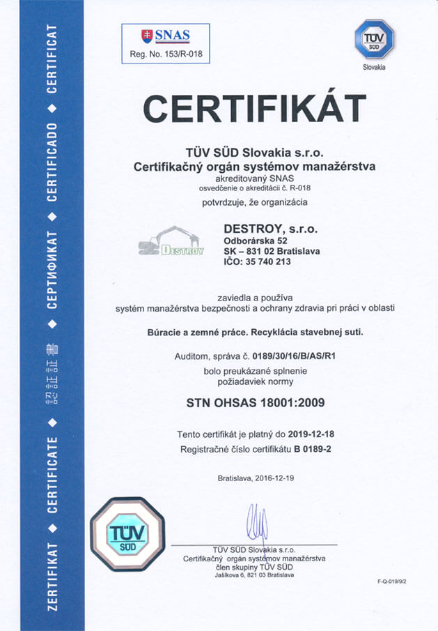 Certifikát STN OHSAS 18001:2009 – Systém manažérstva bezpečnosti a ochrany zdravia pri práci
