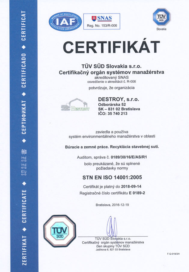 Certifikát STN EN ISO 14001:2005 – Systém enviromentálneho manažérstva